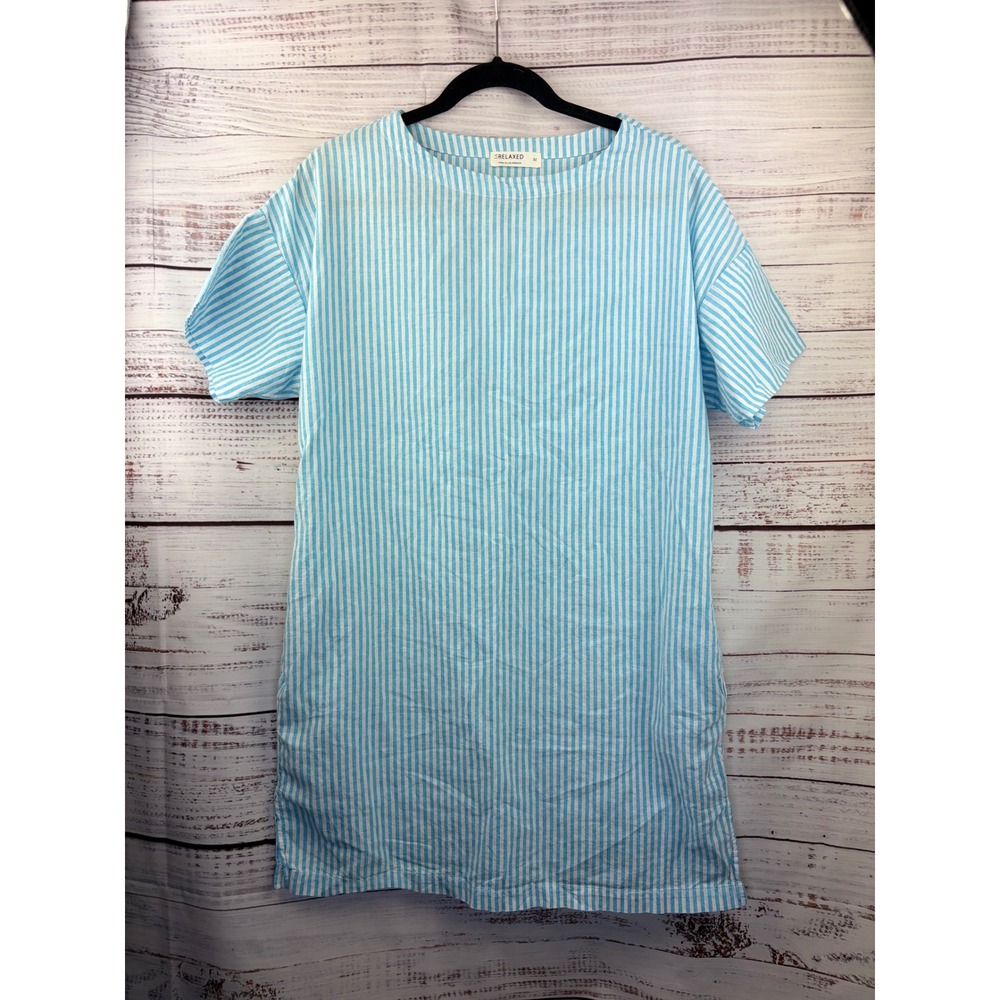 LA RELAXED Woven Aqua Stripe Organic Cotton / Linen Dress Medium USA MADE